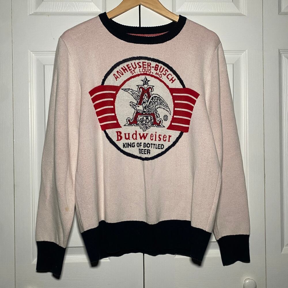 Budweiser Anheuser Busch Knit Crewneck Sweater Mens Large Cream Retro Beer Logo